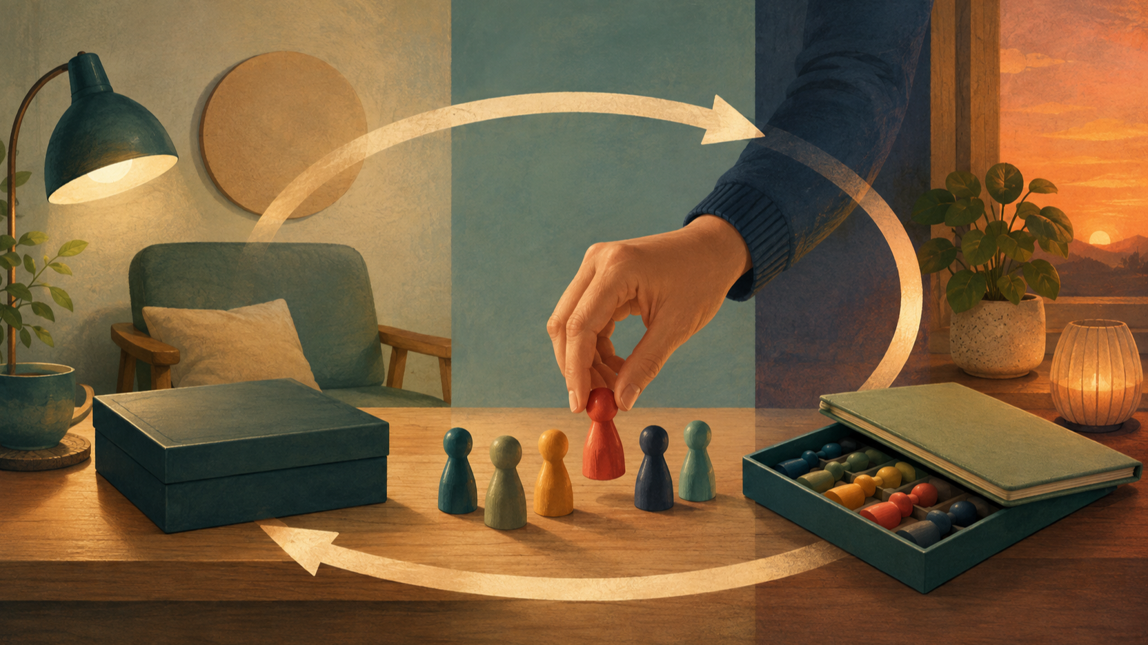 A calm circular path of small game moments moving from context to choice to a clear stopping point