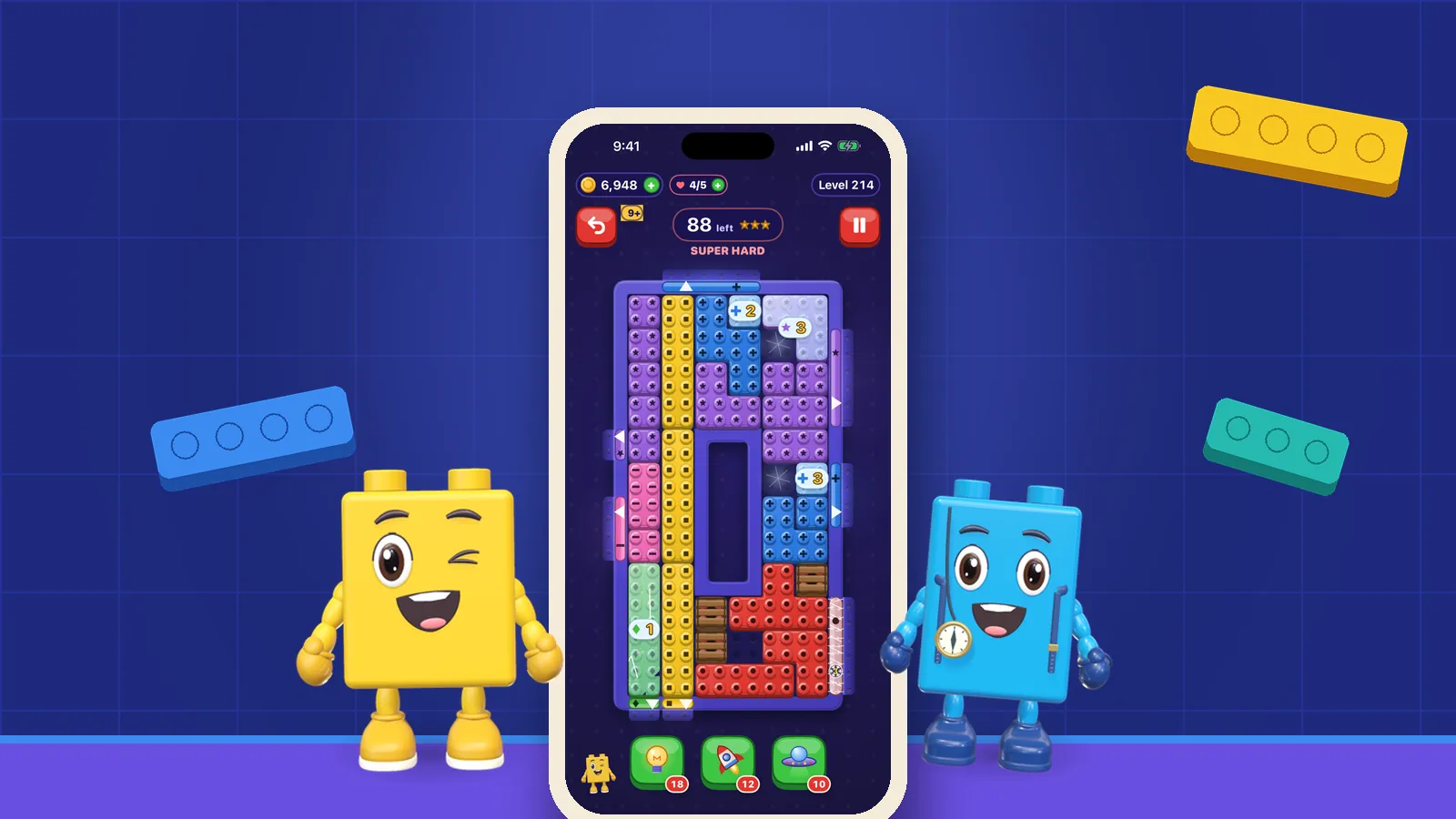 Colourful OutBrick bricks and two brick characters arranged around a phone on a navy grid