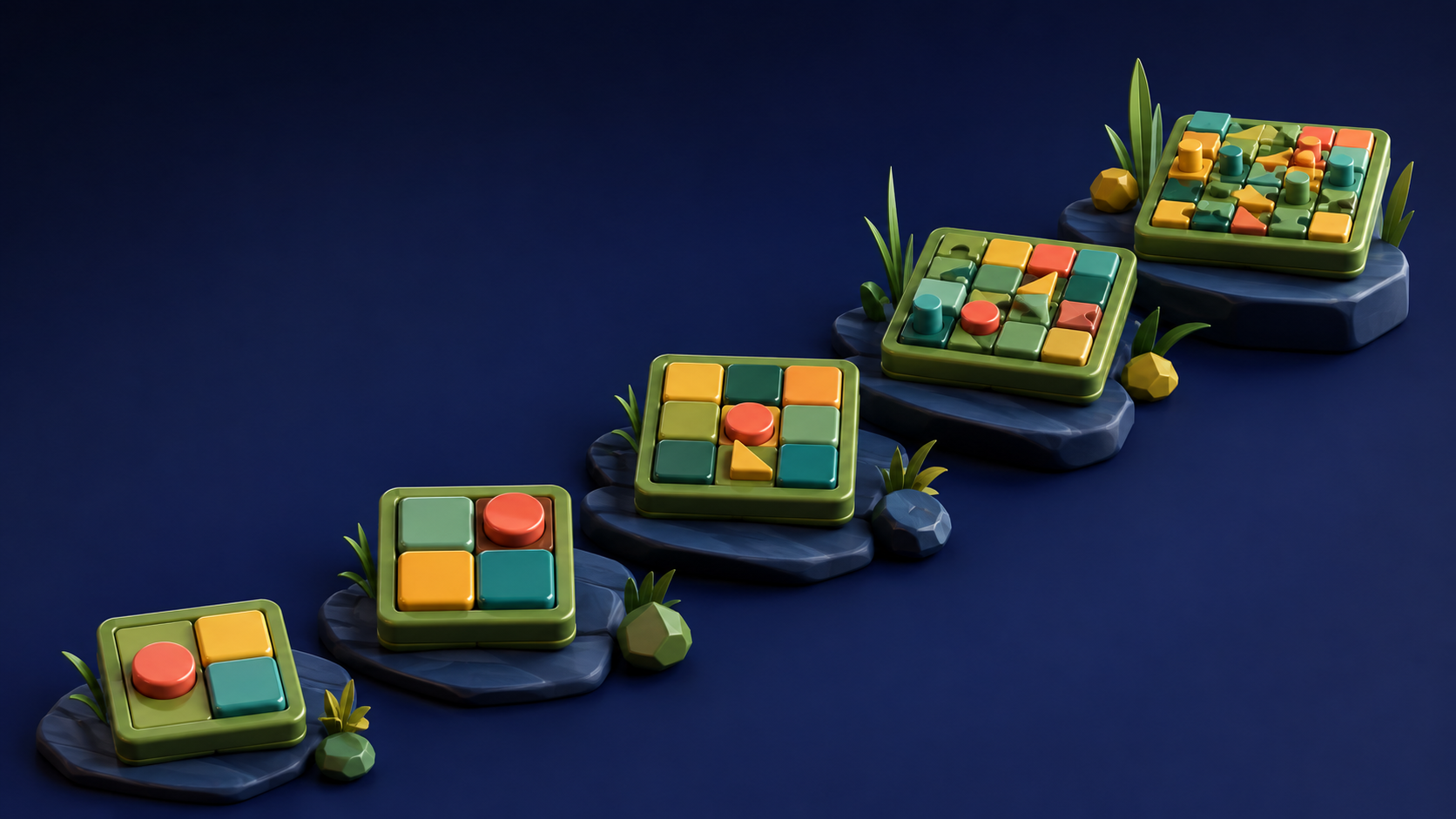 A rising path of small puzzle boards with easy and challenging stepping stones
