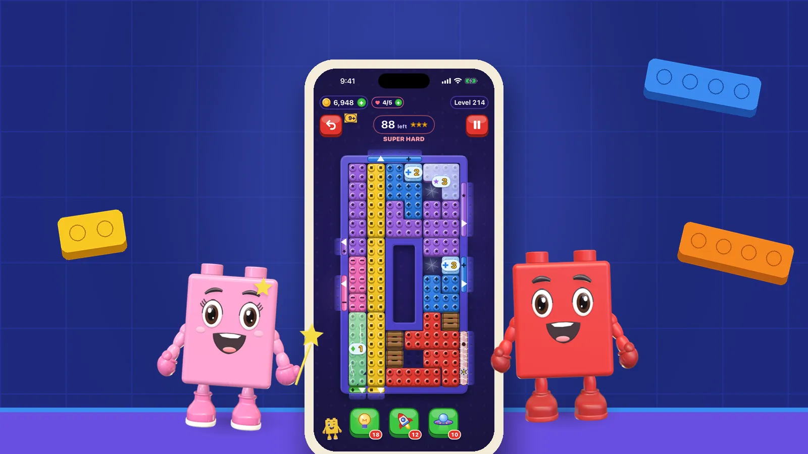 Poppy with her star-tipped wand and red Bricko beside an iPhone showing a Super Hard OutBrick board, with loose bricks floating on an indigo wall