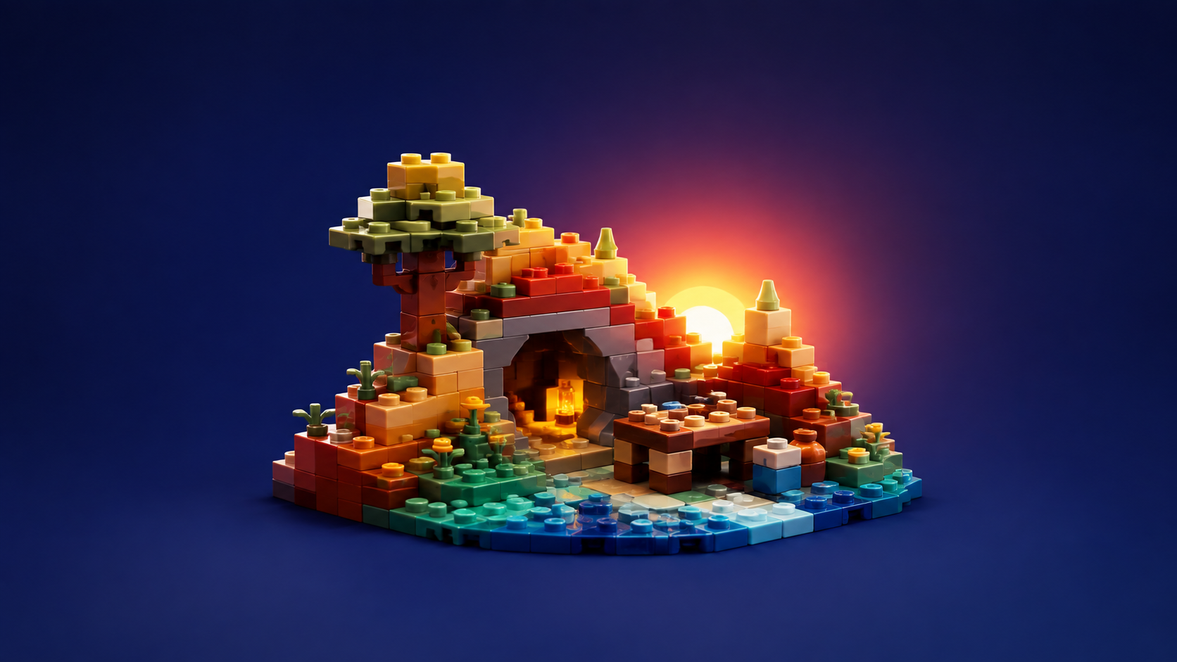An original block-built landscape with a cave, workbench, and sunrise