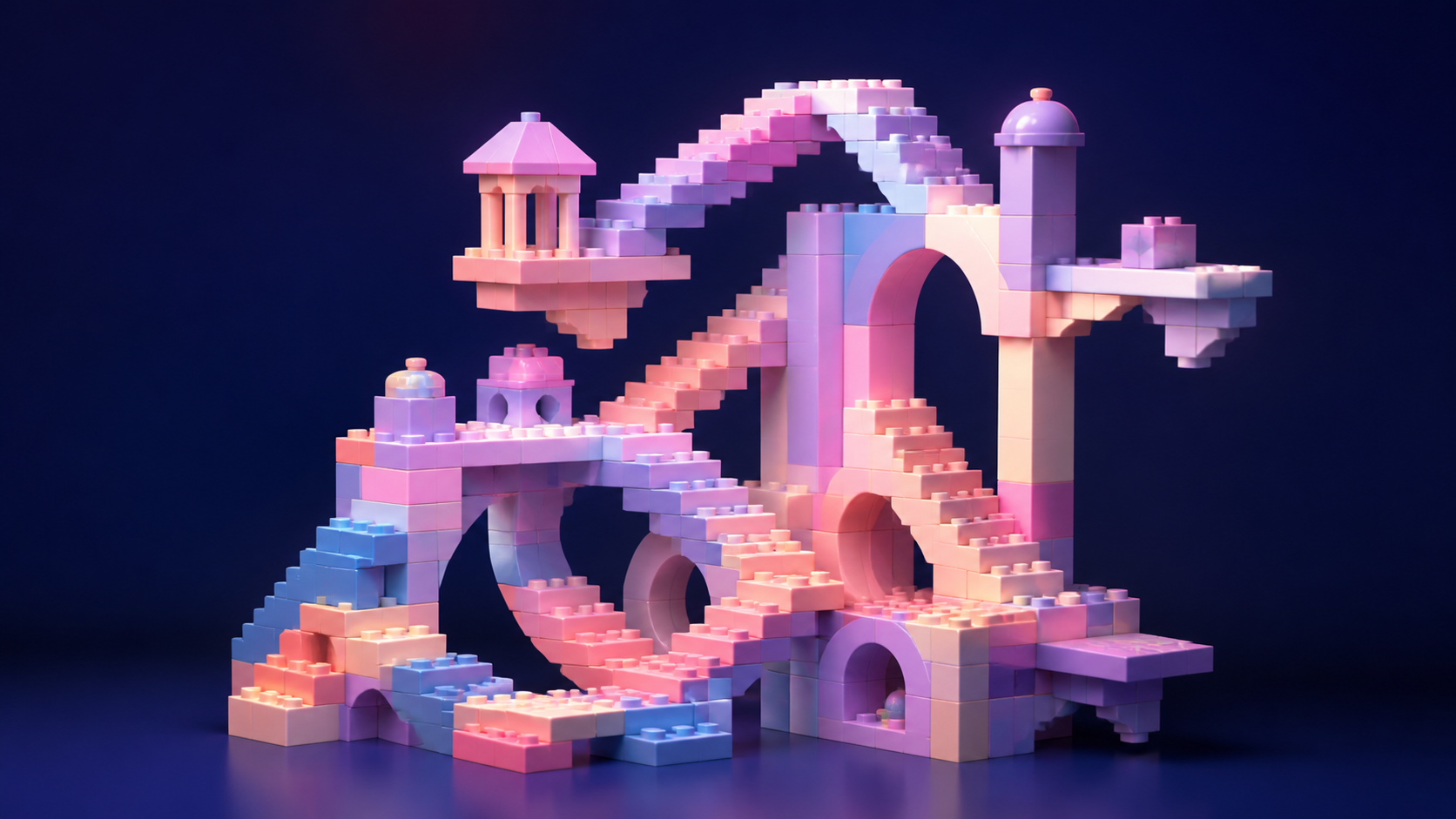 An impossible pastel staircase assembled from original glossy toy bricks