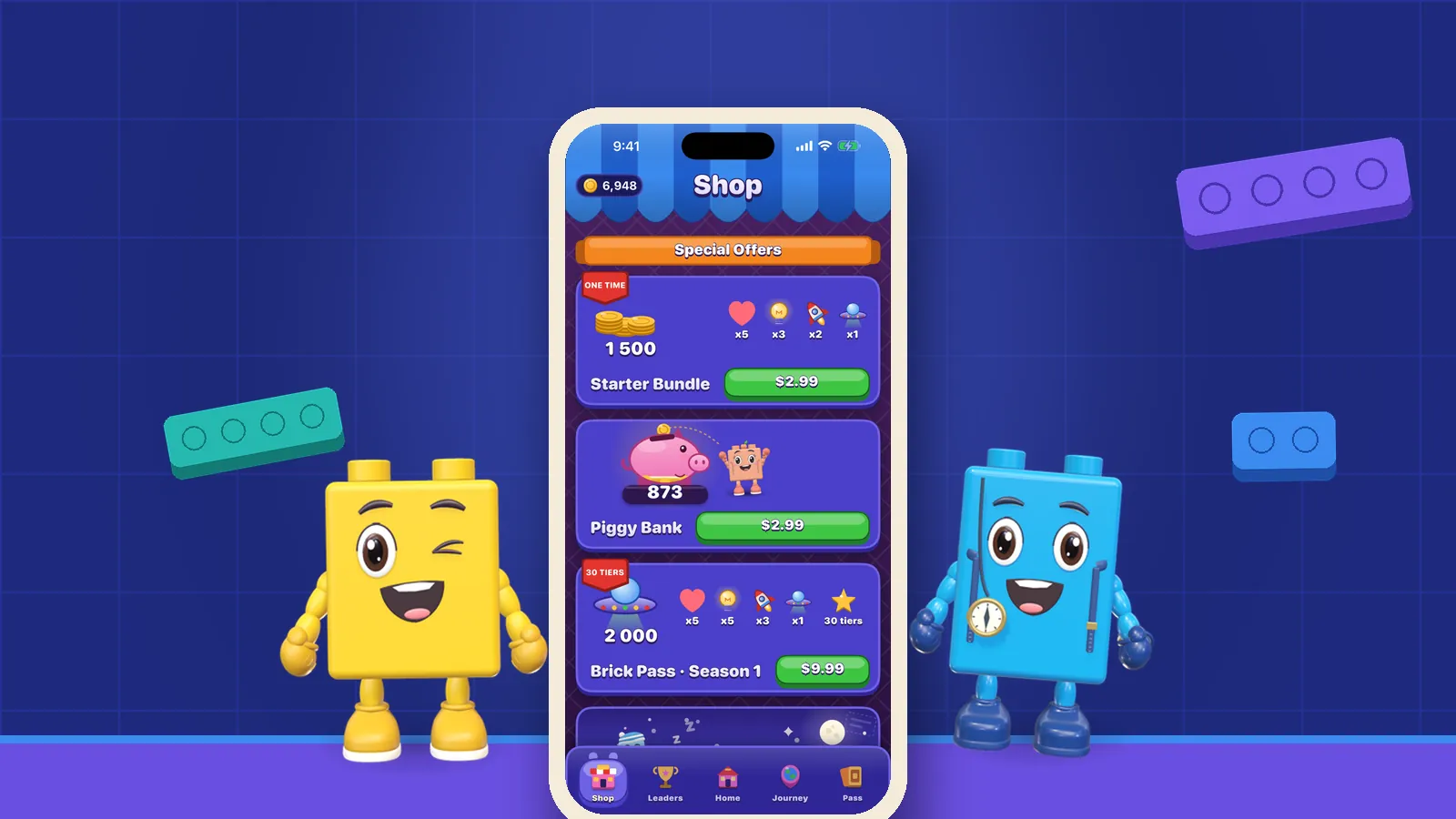 A phone displaying OutBrick game art with brick characters and floating colourful bricks on a navy background