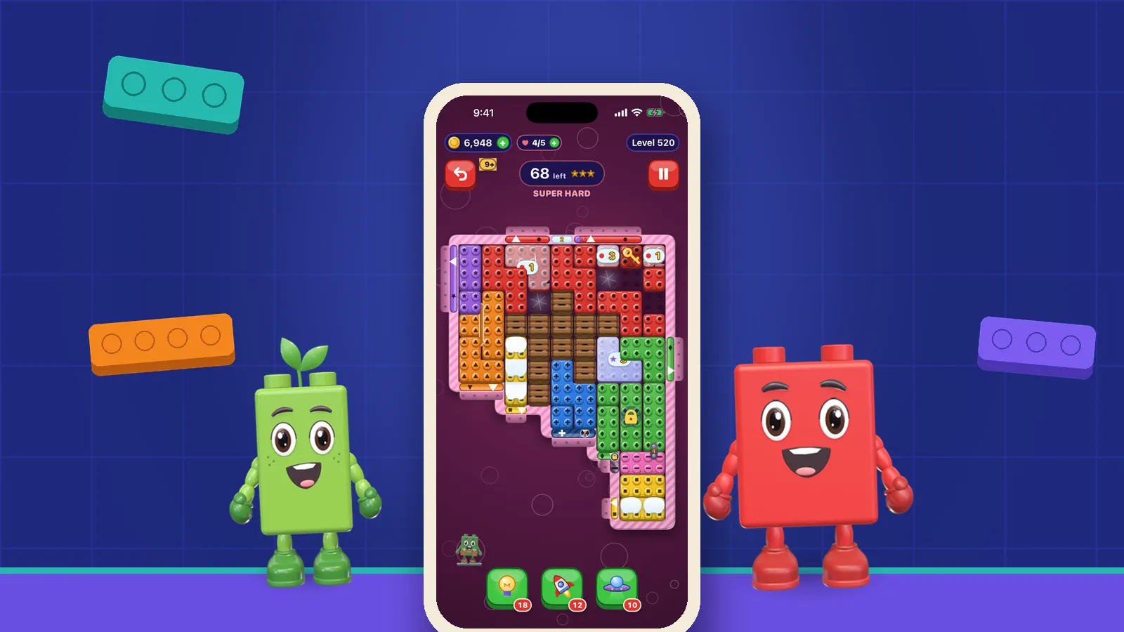 OutBrick game illustration with a phone, colourful bricks and two brick characters on a navy background