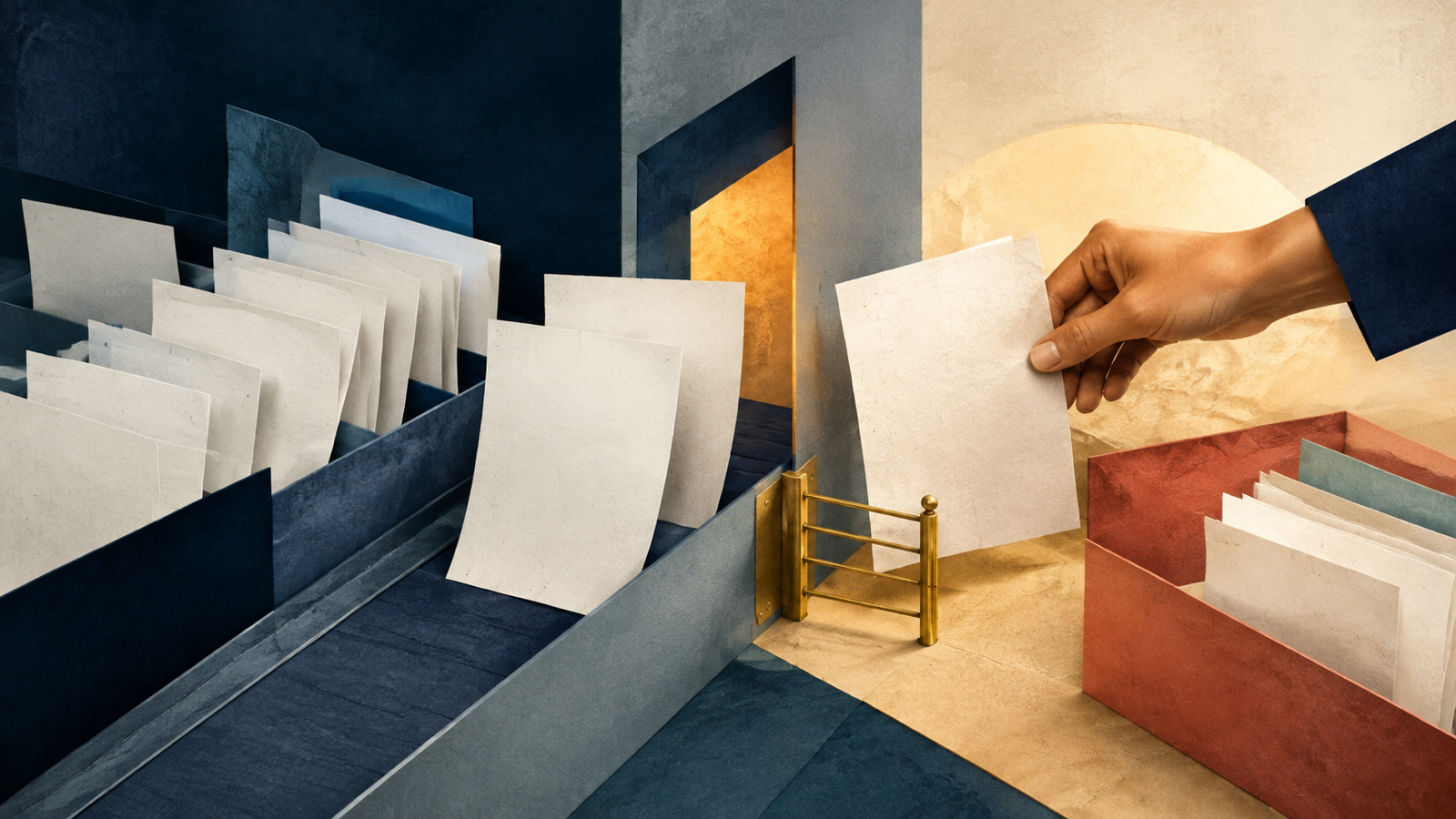 A stark desk with stamped papers, a queue, and a single warm light suggesting consequential choices