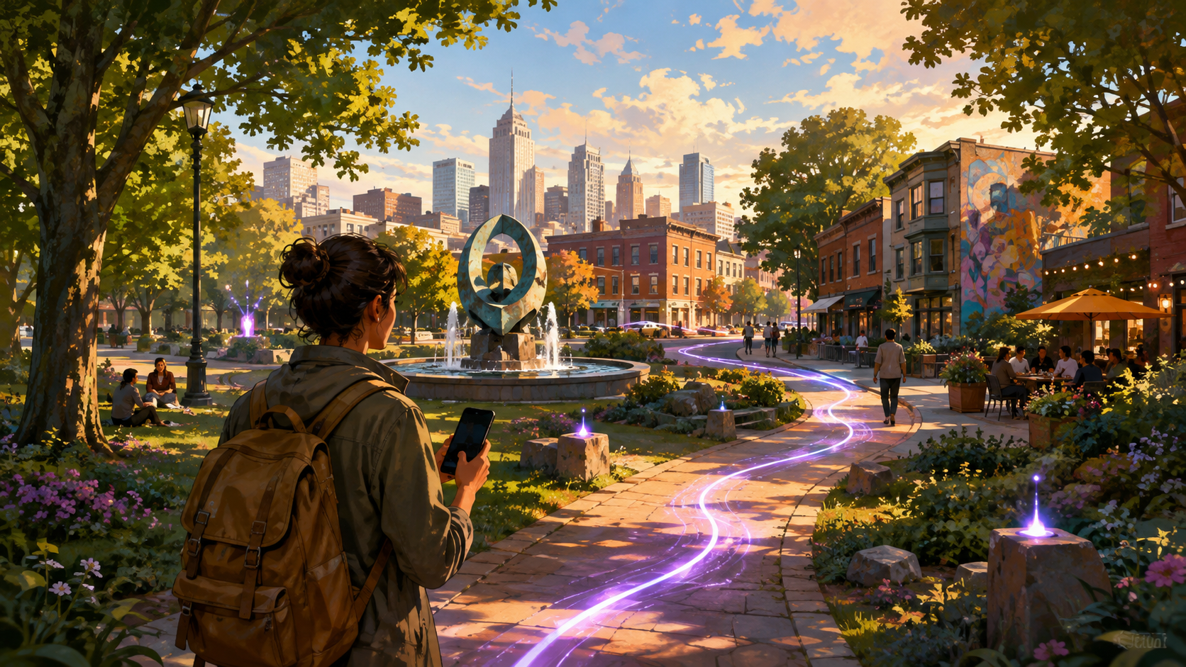 A generic explorer follows a luminous path through an urban park toward a landmark