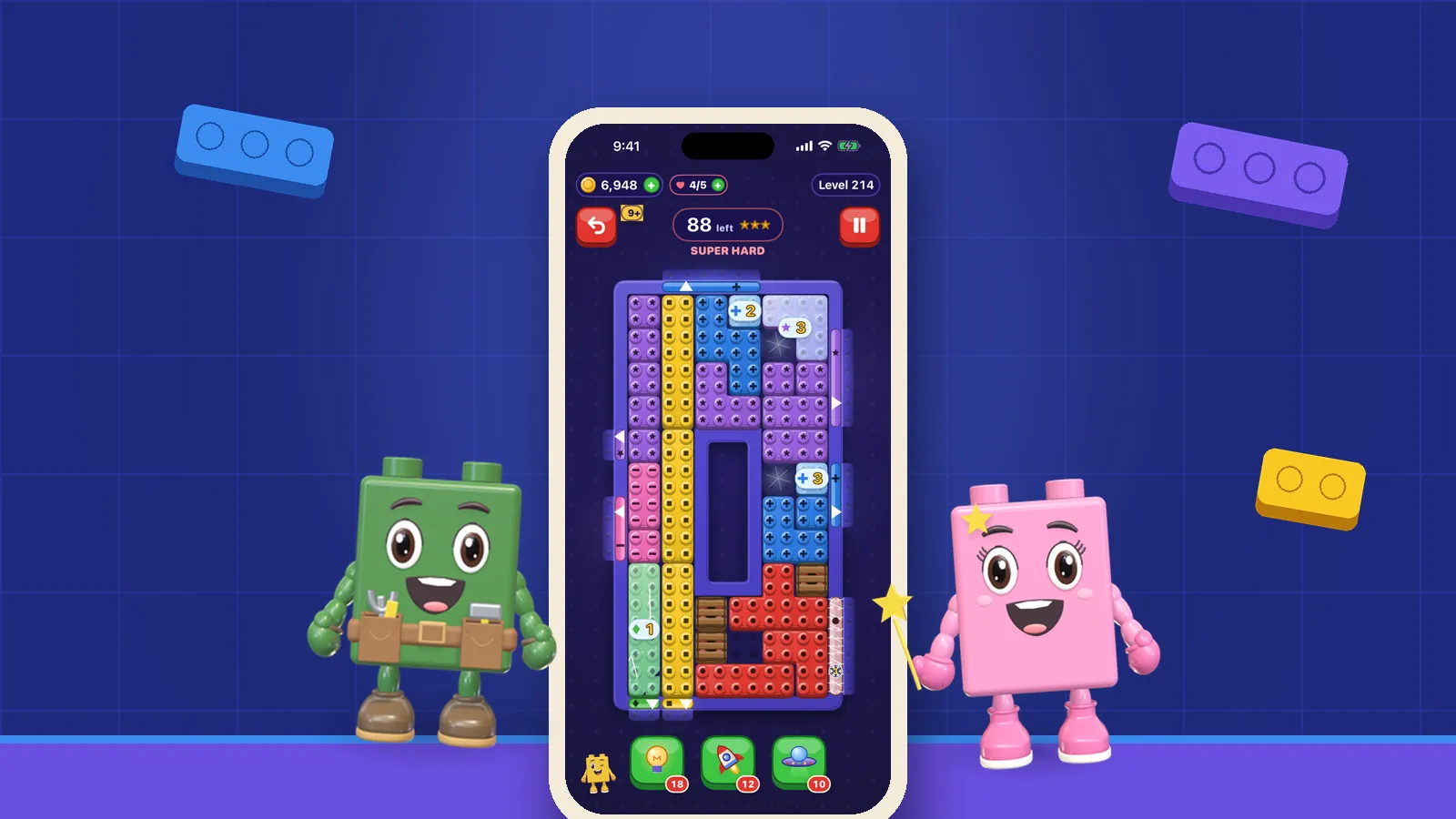 Colourful OutBrick bricks and two brick characters arranged around a phone on a navy grid