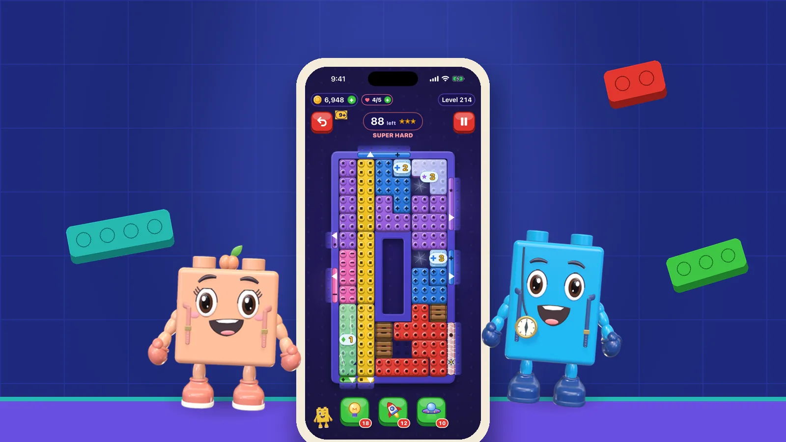 Peach and Bloo either side of a phone showing a super hard OutBrick board at level 214, with teal, red and green bricks floating nearby