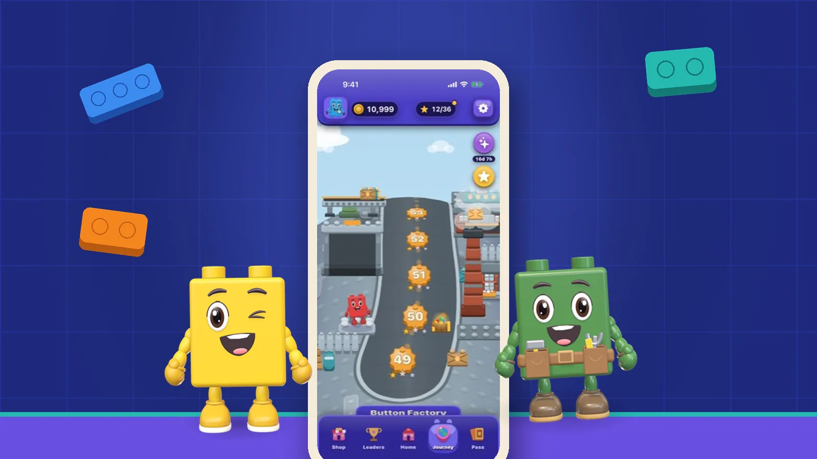 Zippy and Moss beside a phone showing the Button Factory stretch of the OutBrick Journey map, with blue, orange and teal bricks floating above
