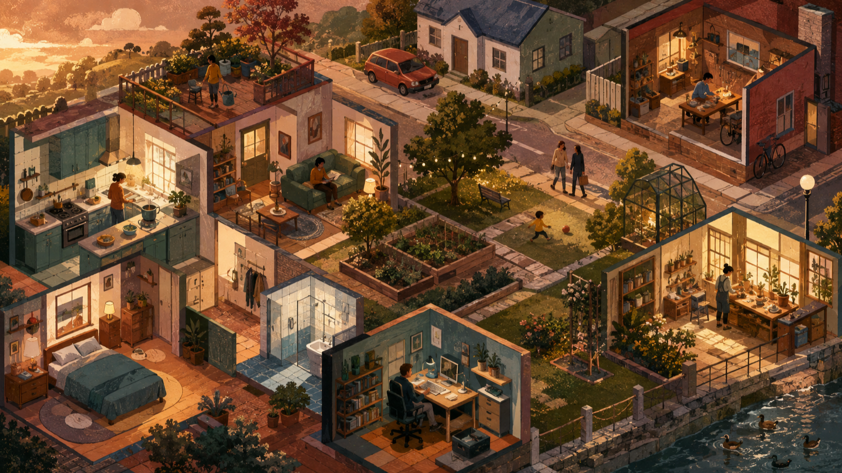A golden-hour cutaway neighborhood where rooms, routines, objects, and paths form everyday stories