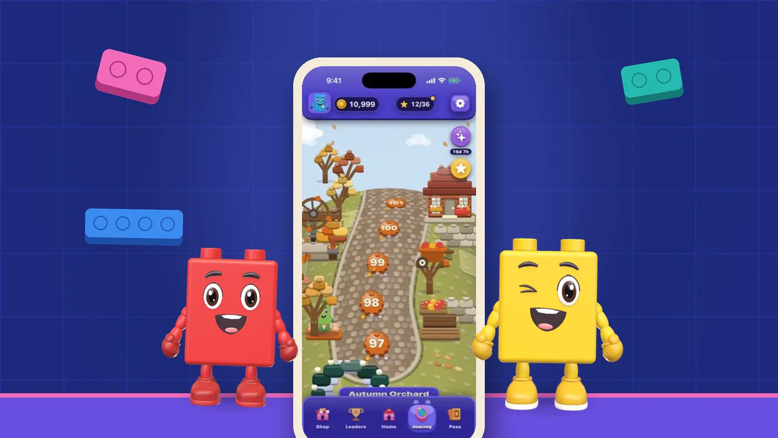 Colourful OutBrick bricks and brick characters on a navy puzzle grid
