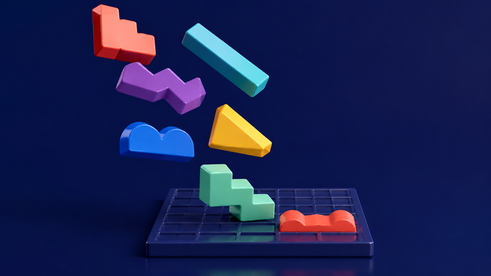 Colorful geometric toy blocks descending toward a clean grid