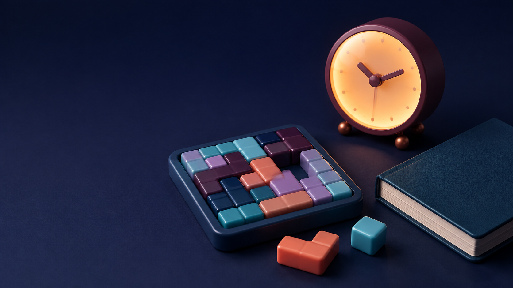 A small puzzle board beside a glowing bedside clock and a closing book