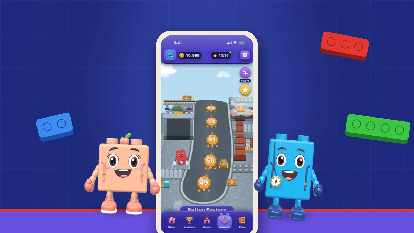 Peach and Bloo either side of a phone showing the OutBrick Journey map at Button Factory, with floating studded bricks